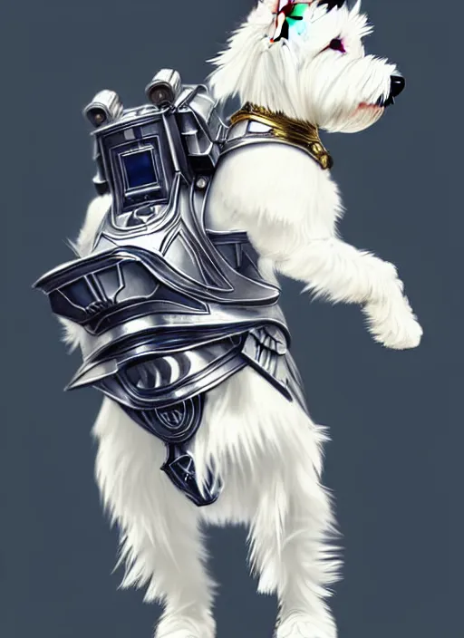 Image similar to a west highland white terrier, anime art style, wearing futuristic, led - lit armor, and a cannon mounted on his back, portrait, high detail, sharp focus, digital painting, artstation, concept art, art by hayao miyazaki and artgerm and greg rutkowski and alphonse mucha.