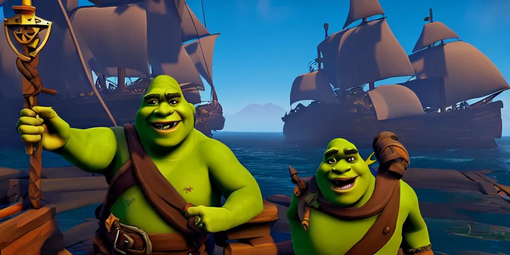 Image similar to selfie of shrek as a sea of thieves character, sea of thieves screenshot, storm, unreal engine, digital art