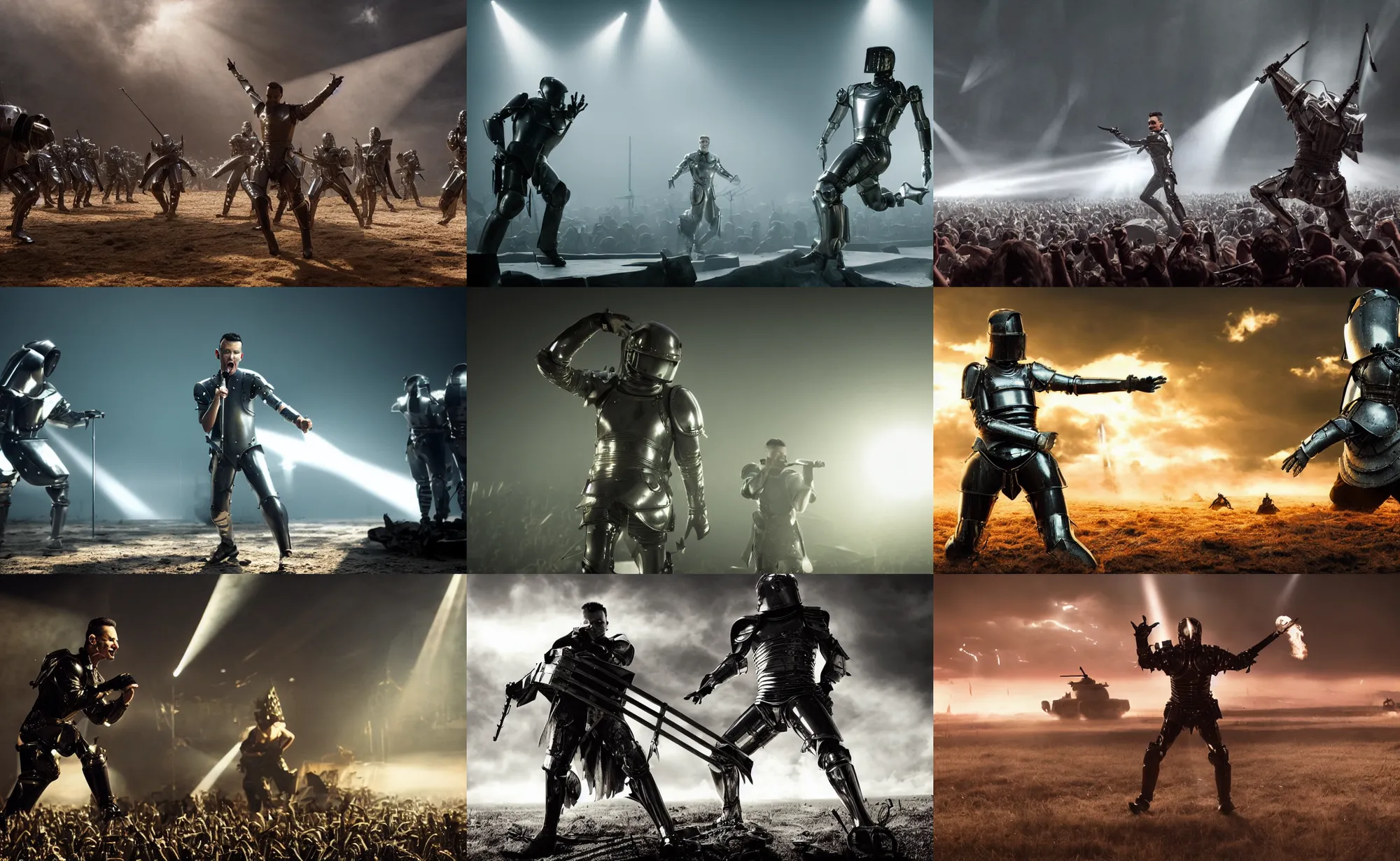 Prompt: epic cinematic artwork of dave gahan performing live in a suit of armor on a battlefield to warriors watching by greg rutowski, 4 k, sun rays, masterpiece