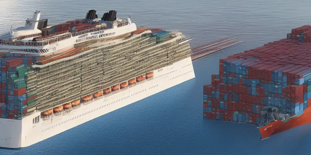 Image similar to cruise ship with vertical farm, cargo containers detailed, digital art, 8 k resolution, unreal engine, highly detailed, very detailed eyes, photorealistic by wlop, greg rutkowski, rim light, exquisite lighting, clear focus, very coherent,