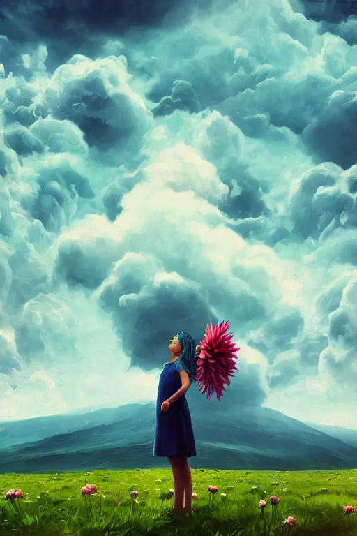 Image similar to closeup perspective, giant dahlia flower over the head, girl standing on mountain, surreal photography, blue storm clouds, dramatic light, impressionist painting, digital painting, artstation, simon stalenhag