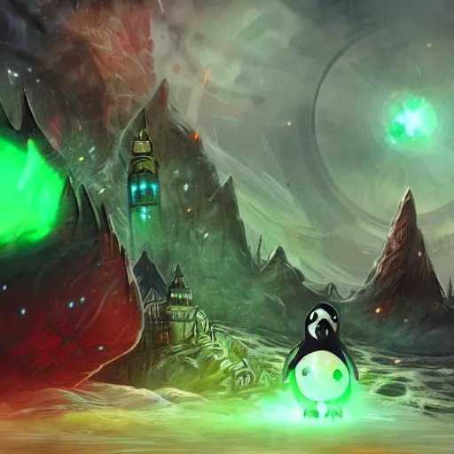 Image similar to penguin that has red glowing eyes in front of a green glowing tower in the background, guild wars 2 art style