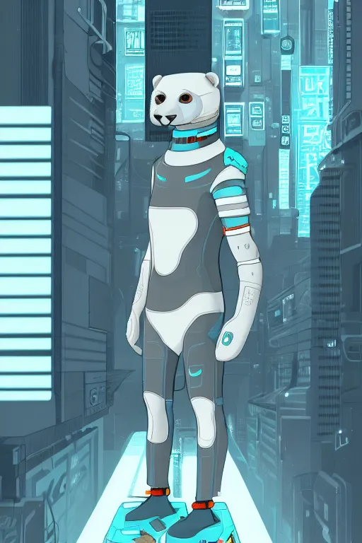 Image similar to a cute male gray turquoise white orange otter fursona wearing tight futuristic clothes in the streets of cyberpunk city, fantasy, paws, 8 k resolution, hyper detailed, character design