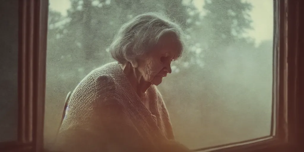 Image similar to portrait bust of old woman sitting at table, hands in pockets, looking outside, tired expression, faded color film, russian cinema, tarkovsky, technicolor, inside old cabin, next to window, heavy forest outside, long brown hair, old clothing, heavy fog, brown color palette, sunset, low light, hudson river school, 4 k, dramatic lighting
