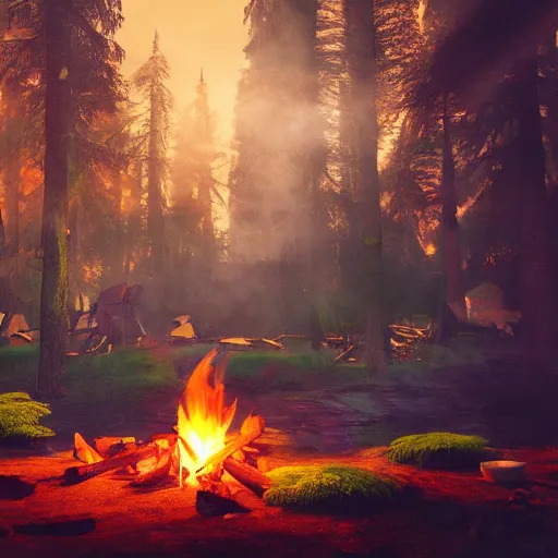 Image similar to a campfire in a surreal world, 8k resolution concept art hyperdetailed trending on Artstation Unreal Engine ominous photorealistic sunshine rays colourful beautiful bokeh ambient occlusion, dynamic lighting, stunning visuals, creative, concept art, trending on art station, ultra detailed