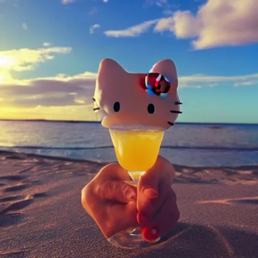 Prompt: hello kitty drinking a margarita on the beach, film still, sunset, dramatic lighting