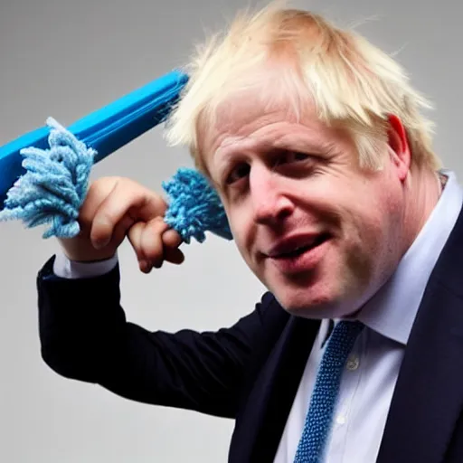 Prompt: boris johnson with a mop on his head instead of hair, professional journalist photo