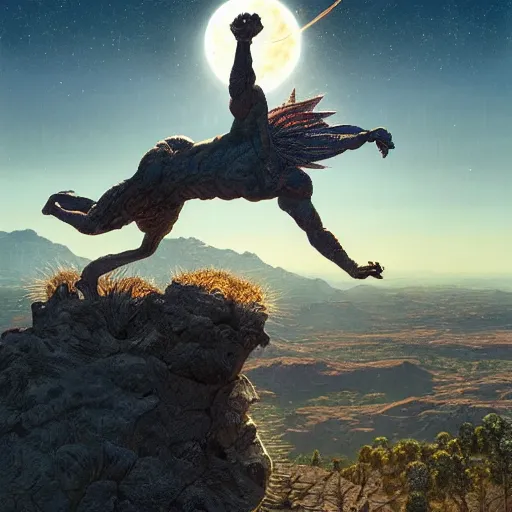 Image similar to the image of a beavis with raised arms between the moon and the sun and stars ultra realistic, concept art, intricate details, serious, highly detailed, photorealistic, octane render, 8 k, unreal engine, art by todd mcfarlane and artgerm and greg rutkowski and alphonse mucha