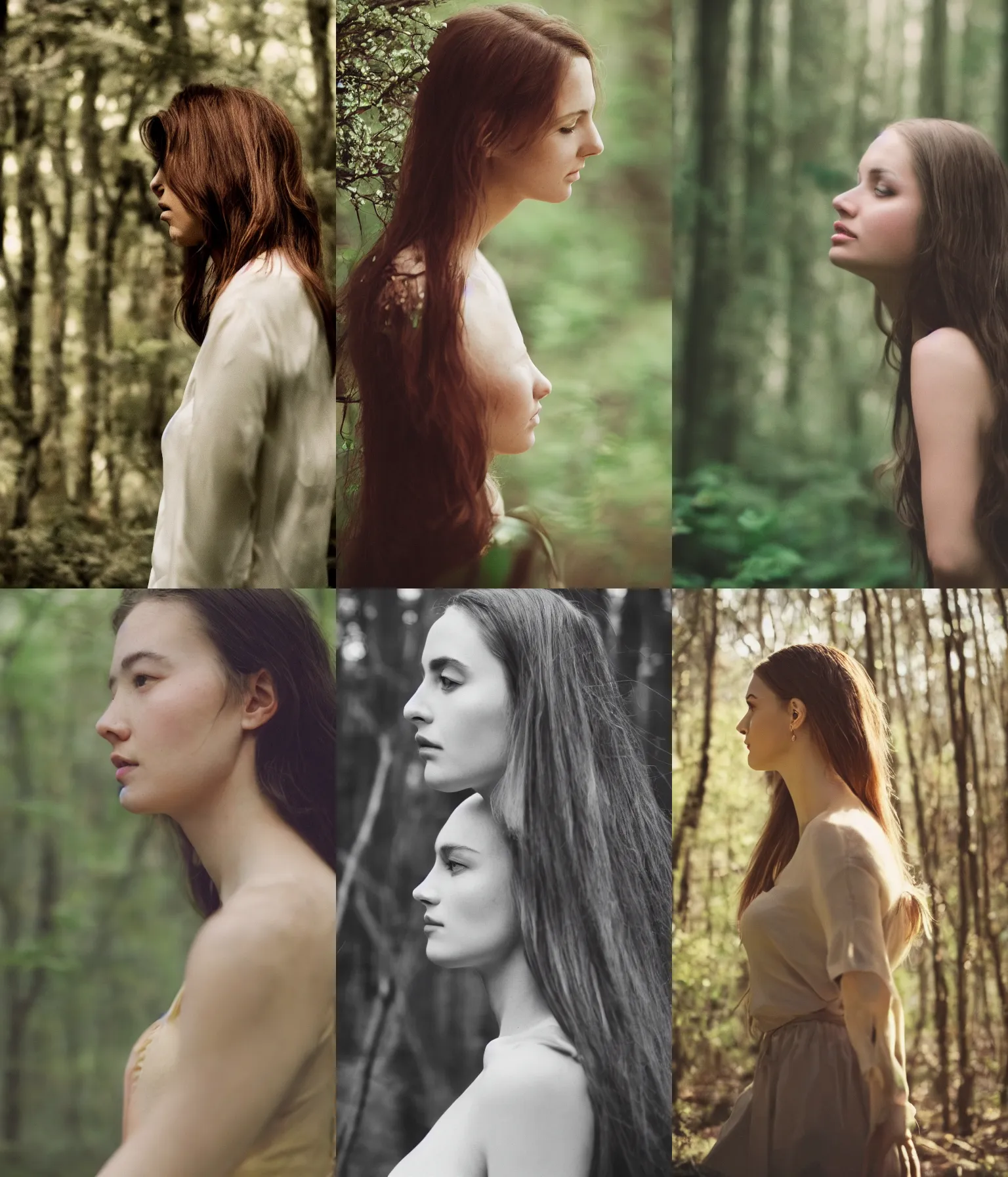 Prompt: Portrait of a beautiful woman in profile at the edge of a spring forest, photo, cinematic, realistic, 85 mm, film