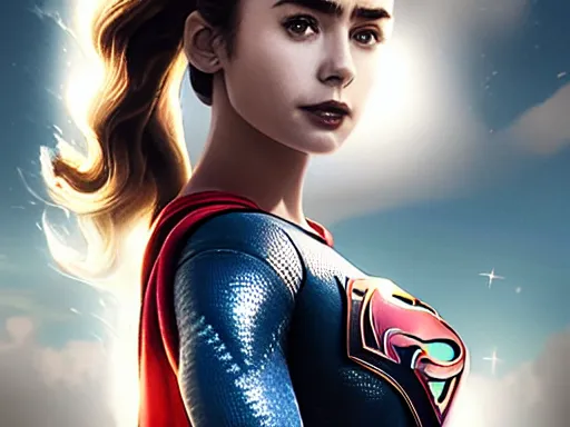 Prompt: a potrait of Lily Collins as Supergirl with man of steel suit style and full armour by Greg Rutkowski, Sung Choi, Mitchell Mohrhauser, Maciej Kuciara, Johnson Ting, Maxim Verehin, Peter Konig, 8k photorealistic, cinematic lighting, HD, high details, dramatic, trending on artstation, half body shot