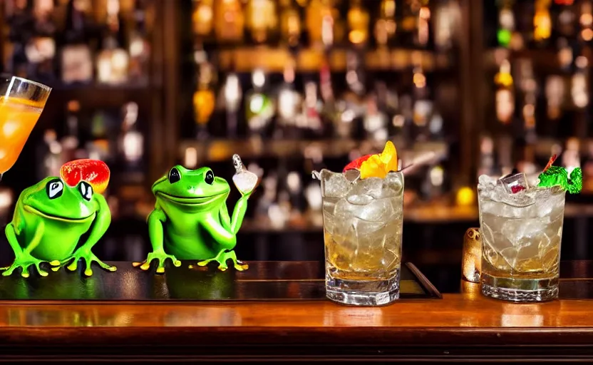 Prompt: formal frog sports mascots drinking cocktails at a fancy bar, highly detailed, extremely high quality, hd, 4 k, 8 k, professional photographer, 4 0 mp, lifelike, top - rated, award winning, cinematic, realistic, detailed lighting, detailed shadows, sharp, no blur, edited, corrected, trending