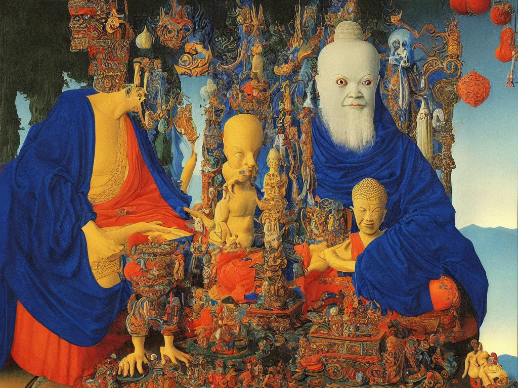 Prompt: Portrait of albino mystic with blue eyes, with Thai statue of the Buddha. Painting by Jan van Eyck, Audubon, Rene Magritte, Agnes Pelton, Max Ernst, Walton Ford