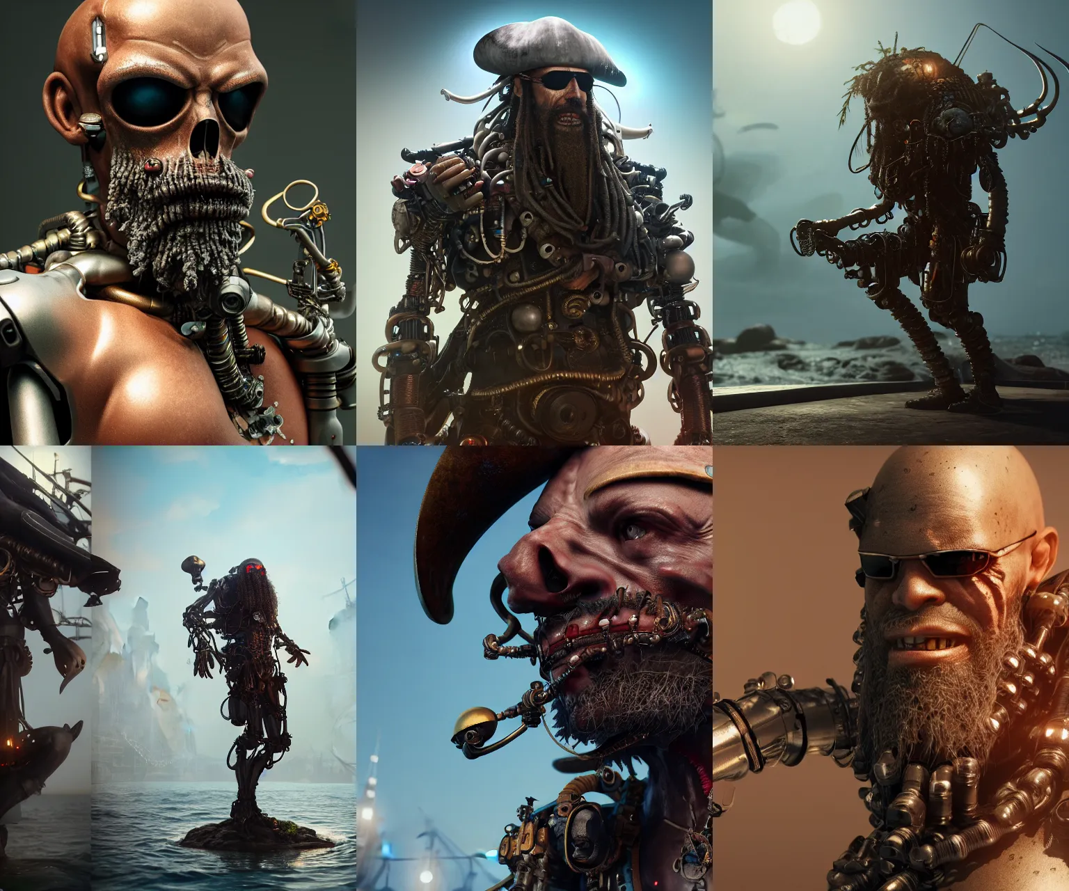 Prompt: incredibly realistic, too detailed body of 2 1 0 0 s bioengine cyborg pirate blackbeard, octane render, bump mapping, macro image, global illumination, 8 k, bokeh, enki bilal, yuji himukai, jen zee, mohrbacher