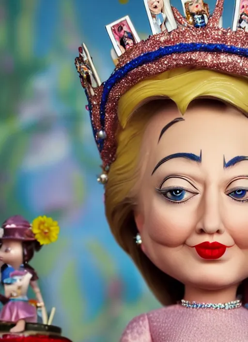 Prompt: closeup face profile portrait of tin toy hillary clinton as a fairytale princess wearing a crown eating cakes, bikini, depth of field, zeiss lens, detailed, symmetrical, centered, fashion photoshoot, by nicoletta ceccoli, mark ryden, lostfish, breathtaking, 8 k resolution, extremely detailed, beautiful, establishing shot, artistic, hyperrealistic, octane render
