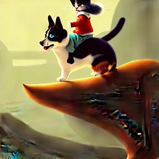 Image similar to tiny cat girl riding on the back of a giant corgi by greg rutkowski