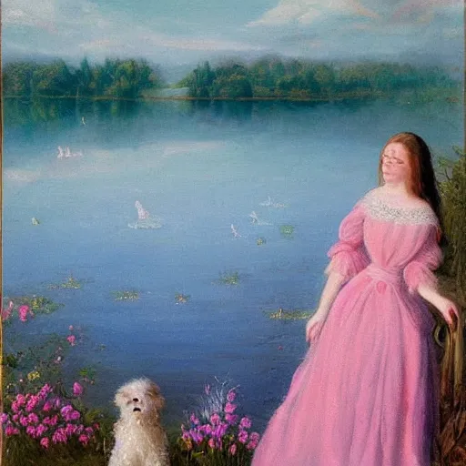 Image similar to a beautiful girl with a beautiful face wearing white dress, a dog, john martin landscape, lake evening, pink and blue colors