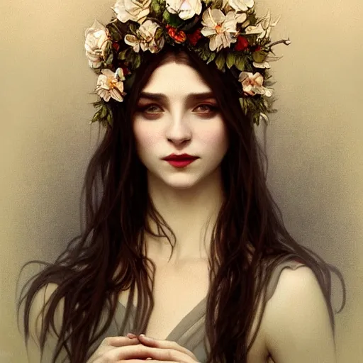 Image similar to portrait of beautiful vampire, flower crown, thorn frame!!!, headshot, pale skin, 4k, rule of thirds, extreme detail, detailed drawing, trending artstation, hd, fantasy, D&D, realistic lighting, by Alphonse Mucha, Greg Rutkowski