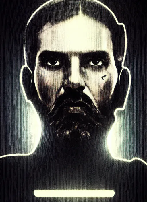 Image similar to 6 5 mm film still masterpiece portrait photo of a bearded man, sci - fi, techwear, biotech, cyberpunk, blade runner, cyborg, grainy, withered, worn, glowing lights, 4 k, sharp focus, intricate art by artgerm and greg rutowski and alphonse mucha