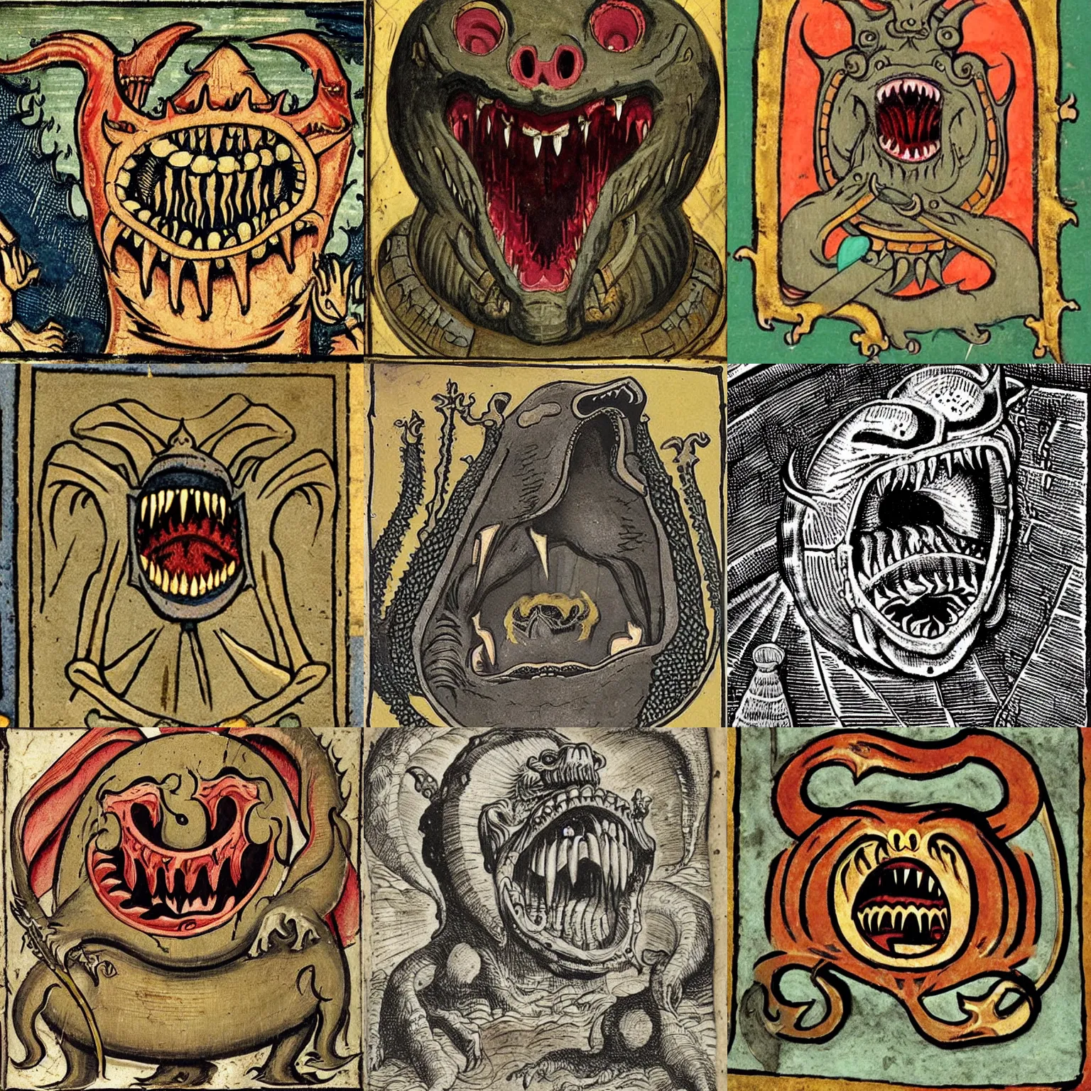 Prompt: a medieval hellmouth, monster mouth, medieval illumination,