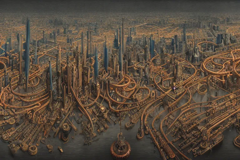 Image similar to an elaborate penned illustration of a apocalyptic intricate connected city of tubes and pipes, muted colors, copper pipers, by jan van haasteren and jheronimus bosch, unreal engine, physically based rendering, ariel view, tilt - shift, shiny, industrial, water, smoke, reflective, cinematic, isometric, beksinski