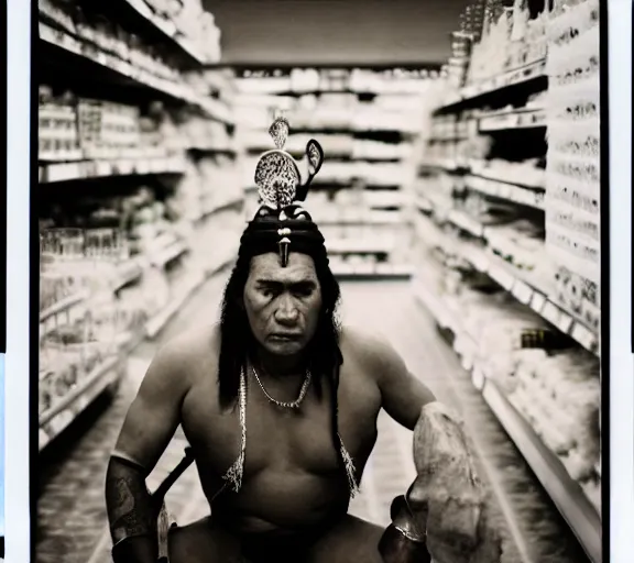 Image similar to low angle photography, maori warrior in a grocery store, deep focus, elegant, highly detailed, polaroid 6 0 0, matte, sharp focus, art by nan goldin, cinematographyby jom jarmusch