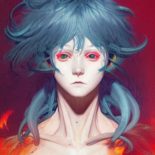 Image similar to prompt : flames and blades character portrait soft light painted by james jean and katsuhiro otomo and erik jones, inspired by evangeleon anime, smooth face feature, intricate oil painting, high detail illustration, sharp high detail, manga and anime 1 9 9 9