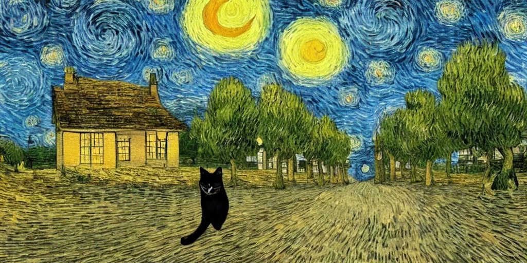 Prompt: cat walking down a long tree lined avenue with a small cottage at the far end, it is night and the sky looks like van gogh starry night, style of dave mckean illustration, collage