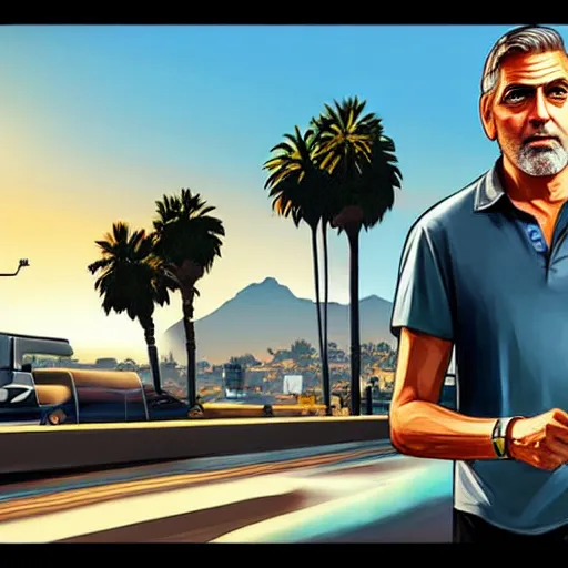 Image similar to george clooney in gta v. los santos in background, palm trees in the art style of stephen bliss