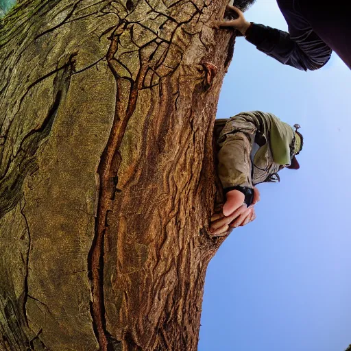 Image similar to ultra wide fisheye photo if a hiker accidentally carving their name into the bark at the base of a gigantic tree ent's leg, which looks down at him from high above angrily, trending on artstation hyperreal