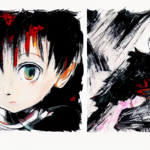 Prompt: Renaissance oil portrait of a manga girl with short white hair and black eyes in the style of Yoshitaka Amano, abstract black and white background, noisy picture, expressive brush strokes, old anime colour palette