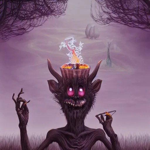 Image similar to 4 k headshot portrait of a psychedelic demonic anthropomorphic wendigo smoking a hand - rolled cigarette smoking heavily, magic mushroom village in background. award winning. superb resolution. in the art style of junji ito and greg rutkowski. detailed mushroom city in background. hyper realistic anime. perfect art. dalle 2