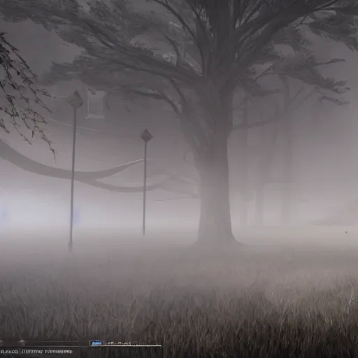 Prompt: silent hill engulfed in fog, concept art, highly detailed, 8k unreal engine