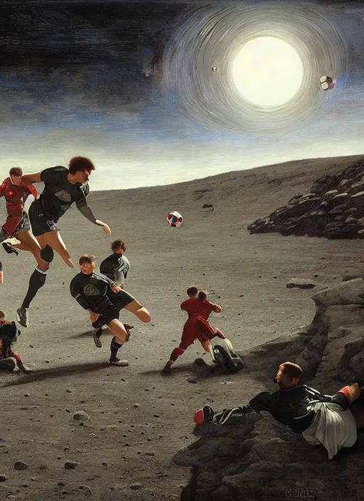 Image similar to a soccer match on the moon by edgar maxence and caravaggio and michael whelan and delacroix style, artistic, intricate painting, cinematic lighting, hyper realistic, extremely detailed, establishing shot, 8 k resolution, dramatic lighting