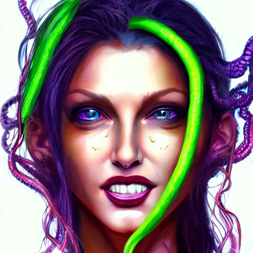 Prompt: medusa portrait painting, vibrtant, colorful, wicked smile, artstation, detailed, blurred background