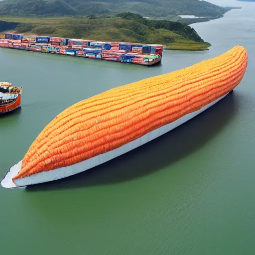 Image similar to giant carrot shaped ship with windows crossing the Panama channel