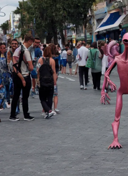 Image similar to an alien walking trying so hard not being recognized in the middle of the street during Feria de Malaga, ultra realistic