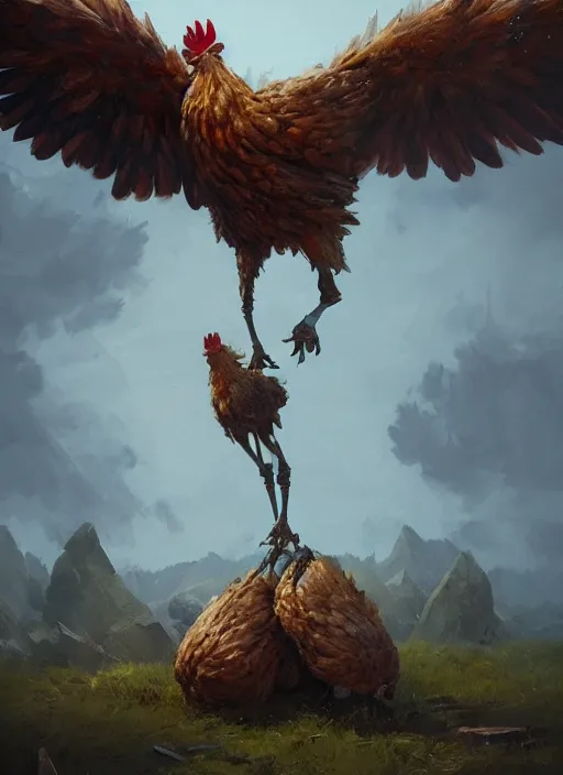 Prompt: two giant chicken legs, greg rutkowski, zabrocki, karlkka, jayison devadas, trending on artstation, 8 k, ultra wide angle, zenith view, pincushion lens effect