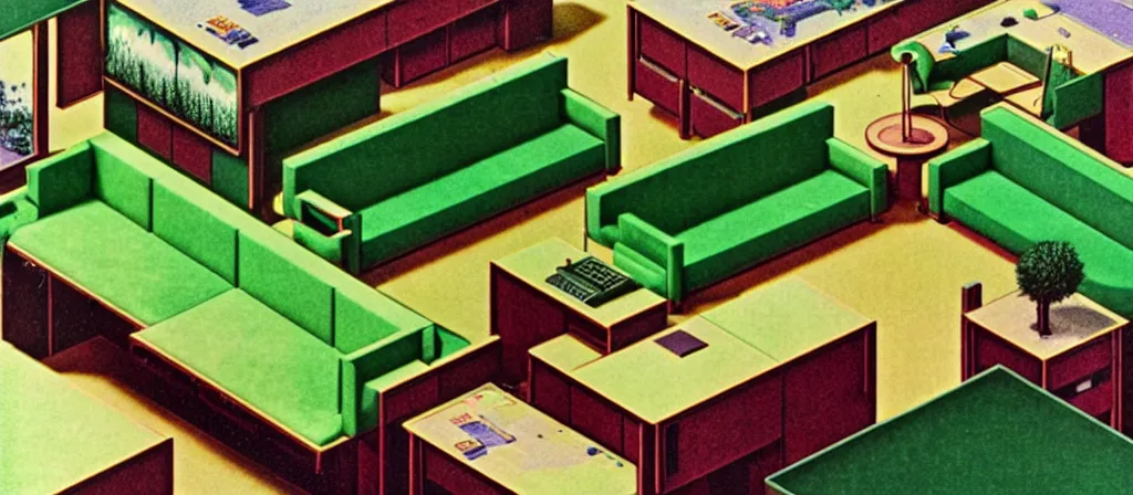 Prompt: huge sprawling gargantuan angular dimension of infinite indoor landscape 7 0 s green velvet and wood with metal furniture office. surrealism, mallsoft, vaporwave, 7 0 s office furniture catalogue, shot from above, epic scale by escher