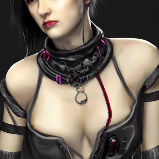 Prompt: detailed realistic cyberpunk female character cyberpunk wearing leather steel collar around neck, realistic, art, beautiful, 4K, collar, choker, collar around neck, punk, artstation, detailed, female, woman, choker, cyberpunk, neon, punk, collar, choker, collar around neck, thick collar, choker around neck, wearing choker, wearing collar,