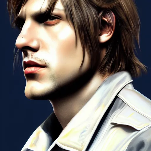 Image similar to 3 / 4 view painting of leon s kennedy portrait, hyperdetailed, artstation, cgsociety, 8 k, synthwave by tangerine dream