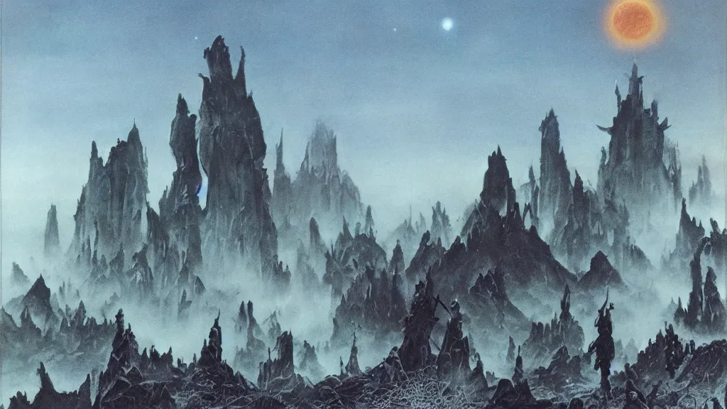 Image similar to eerie atmospheric alien planet empire by jack gaughan and bob eggleton and chris moore, epic cinematic matte painting