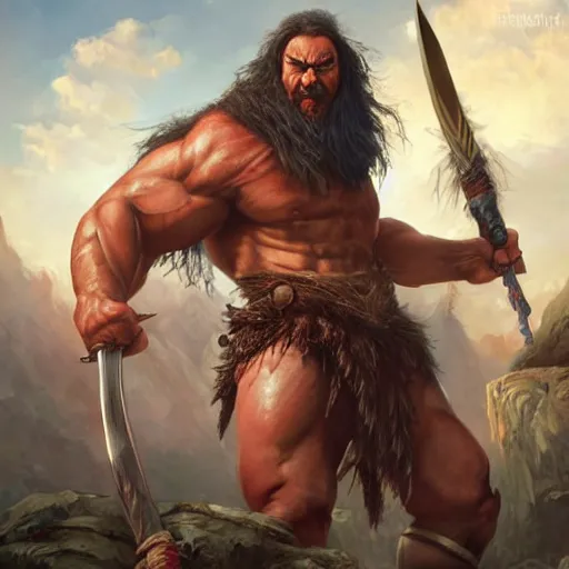 Image similar to a hyper realistic keyframe of a cartoon character brought to the real world, a combination of a beefy conan the barbarian and a warlock with a kind heart, the setting is a normal suburban backyard by Huang Guangjian and Gil Elvgren and Sachin Teng 8k,