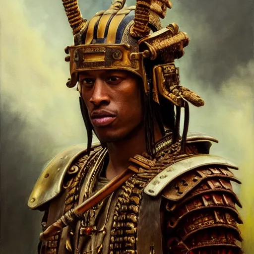 Prompt: highly detailed oil painting | very intricate | cinematic lighting | award - winning | travis scott as the mayan samurai in full armor | by roberto ferri, by tom bagshaw, by j. c. leyendecker and klimt, beautiful cinematic light, american romanticism, by austin osman spare, artstation, cgsociety, official art, octane