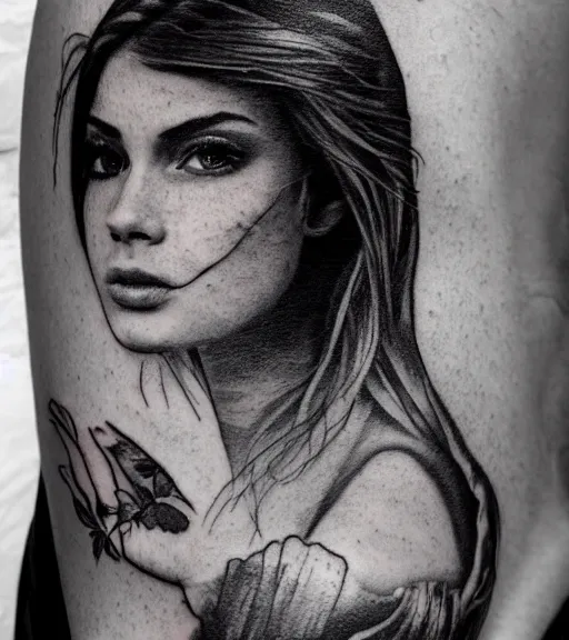 Image similar to a beautiful girl portrait, faded mountain background, realism tattoo, in the style of den yakovlev, black and white, hyper realistic, highly detailed