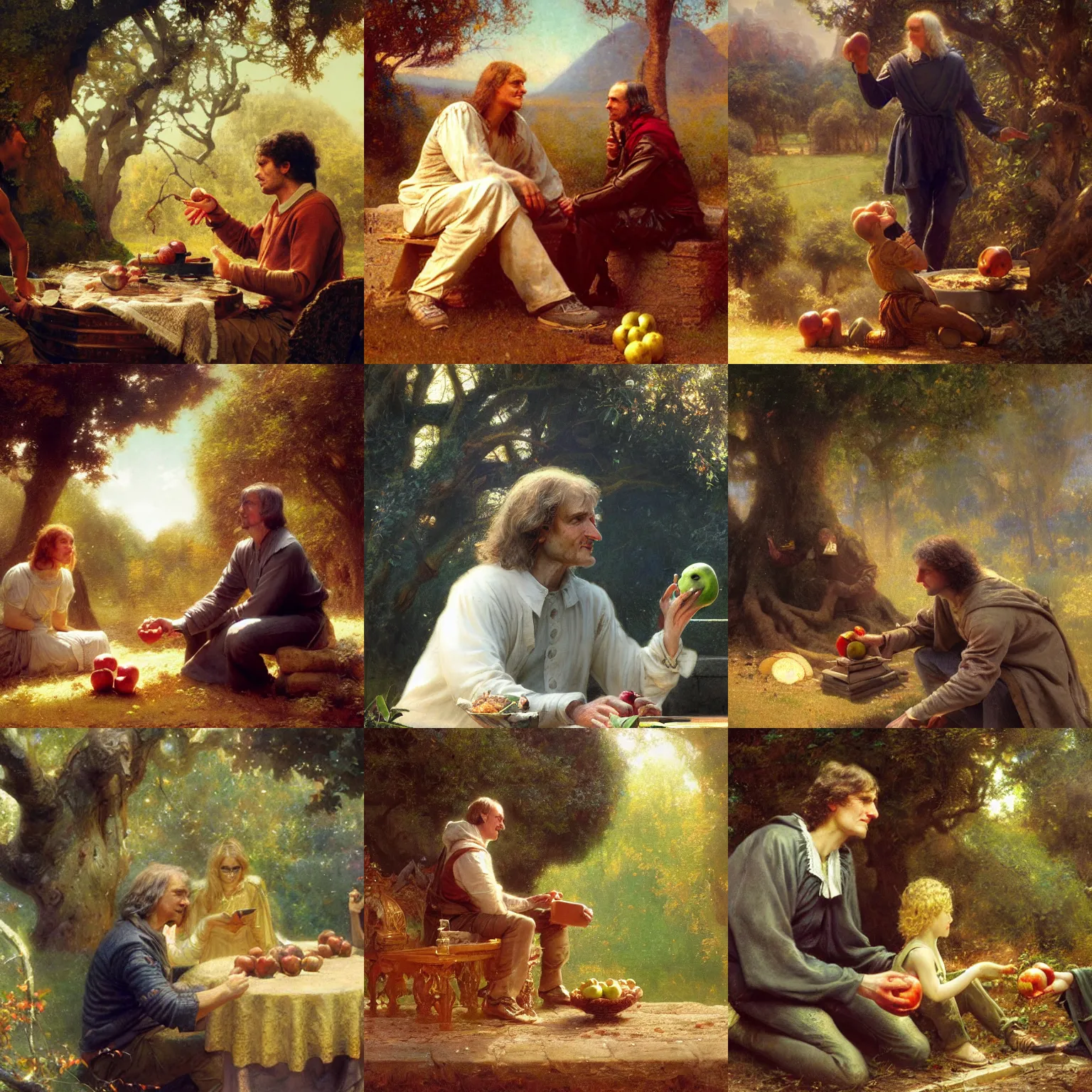 Prompt: a close - up photo of isaac newton offering a half eaten apple to steve jobs under the tree of knowledge, artwork by gaston bussiere, craig mullins, trending on artstation