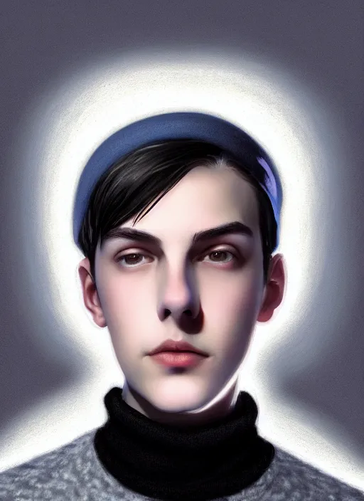 Image similar to portrait of teenage jughead jones wearing a light grey crown, crown, blue turtleneck, closed eyes, photorealistic, black hair, glowing lighting, intricate, elegant, glowing lights, highly detailed, digital painting, artstation, concept art, smooth, sharp focus, illustration, art by wlop, mars ravelo and greg rutkowski