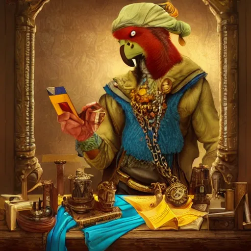 Image similar to A Anthropomorphized parrot trader in his shop, selling his wares, portrait, items, gold, carpet, window, sly expression, cunning expression, presenting wares, holding a gold bag, D&D, fantasy, intricate, cinematic lighting, highly detailed, digital painting, trending on artstation, concept art, smooth, sharp focus, illustration, warm light, cozy warm tint, magic the gathering artwork, volumetric lighting, 8k, art by Akihiko Yoshida, Greg Rutkowski