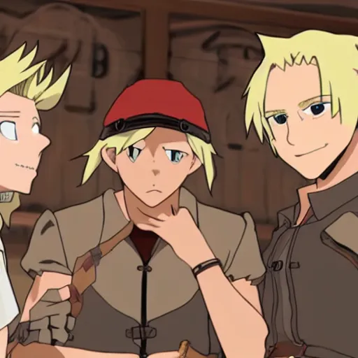 Image similar to young blonde boy fantasy thief in a tavern surrounded by friends of different skin tones, full metal alchemist, anime style