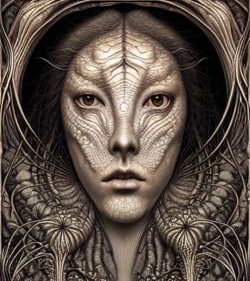 Image similar to detailed realistic beautiful dinosaur goddess face portrait by jean delville, gustave dore, iris van herpen and marco mazzoni, art forms of nature by ernst haeckel, art nouveau, symbolist, visionary, gothic, neo - gothic, pre - raphaelite, fractal lace, intricate alien botanicals, ai biodiversity, surreality, hyperdetailed ultrasharp octane render