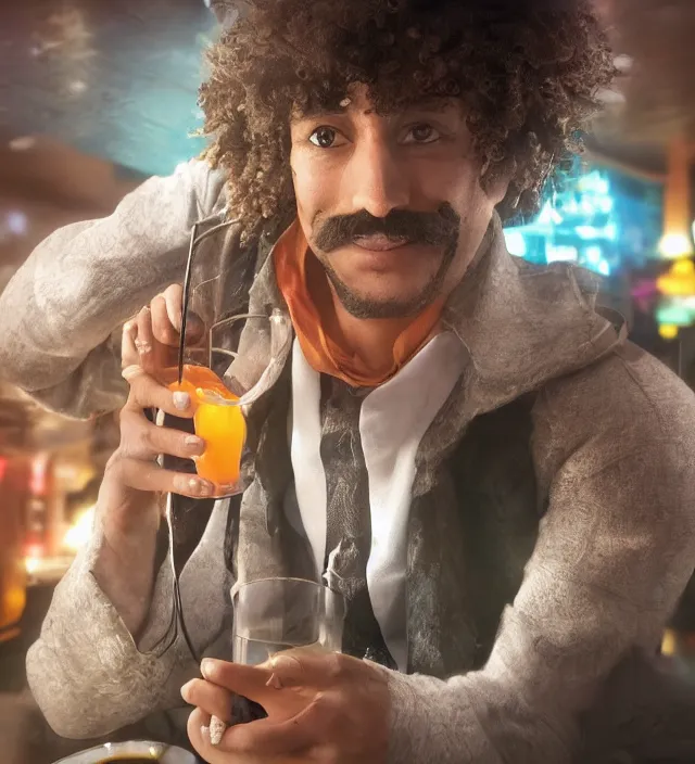 Prompt: close - up anime character concept of ( ( charming!!!!! latino middle - aged anime protagonist with curly afro and moustache!!! holding a glass of orange juice ) late night in a bar, cozy lights, detailed orange atmosphere. cinematic rim lighting, global illumination, trending on artstation, hypdertailed, perfect shading, dreamy, masterpiece